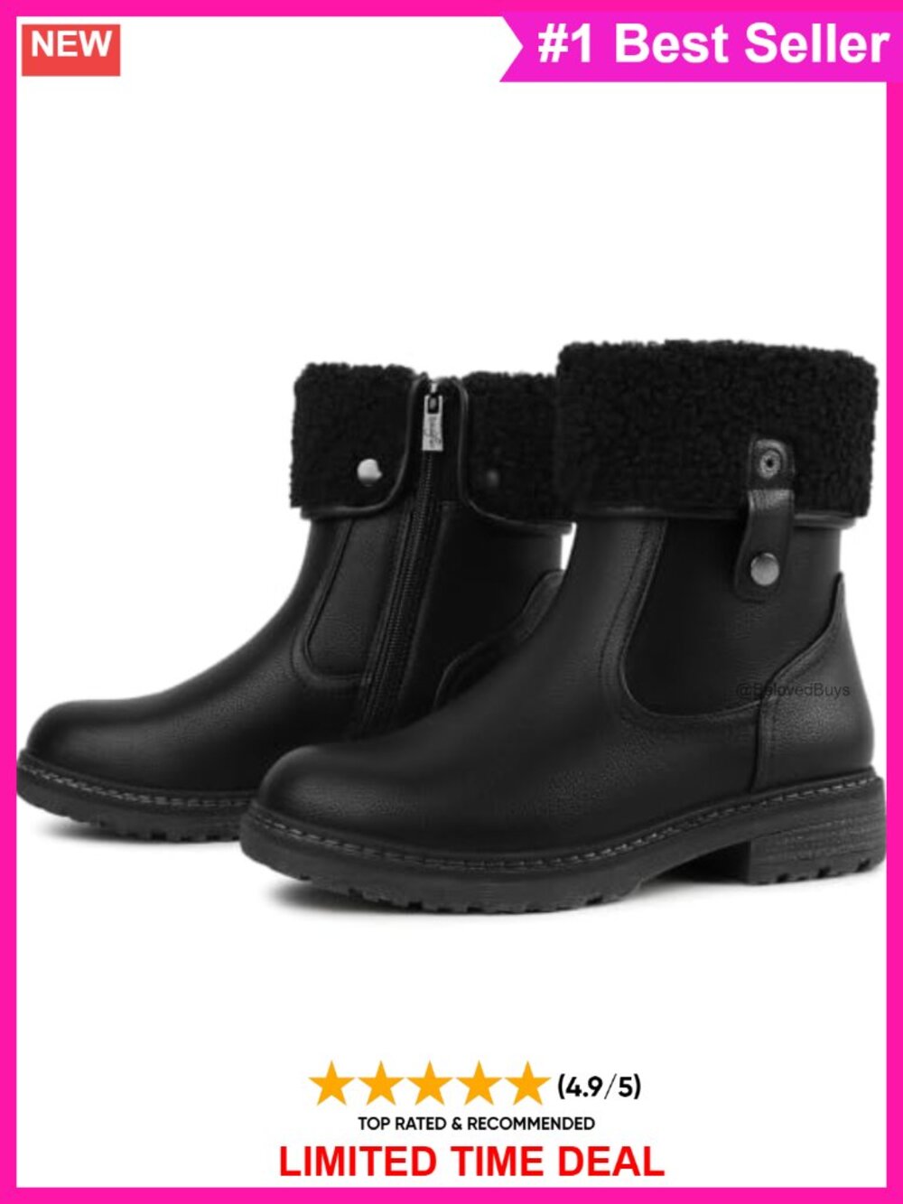 Faux Fur Lined Water-Resistant Ankle Snow Boots Side Zip Flat Heel